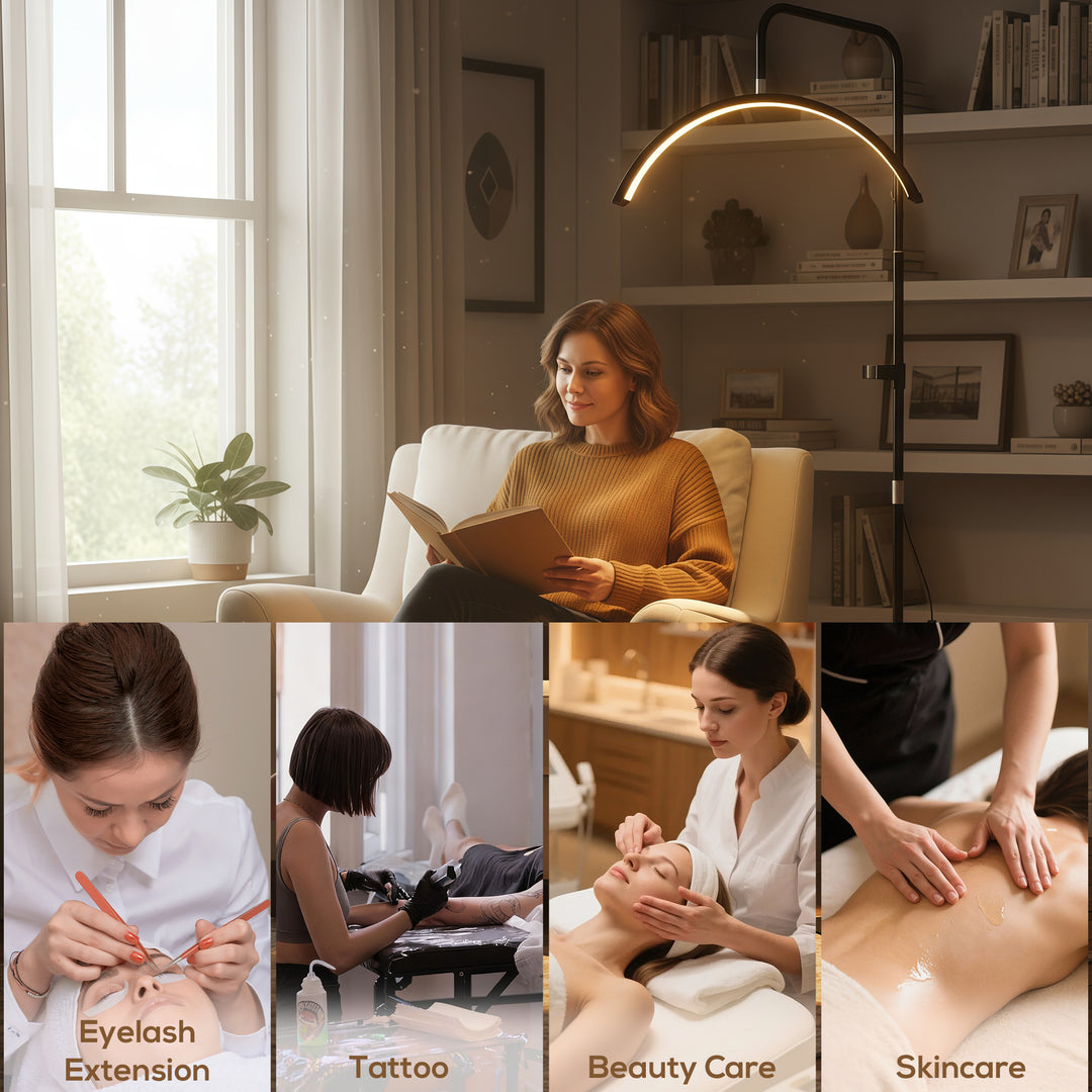 Half Moon Lash Light, Beauty Floor Lamp with 350° Rotatable Head, 7 Colour Temperature and Phone Holder, Dimmable Standing Lamp for Eyelash Extension, Tattoo, Nails, Skincare