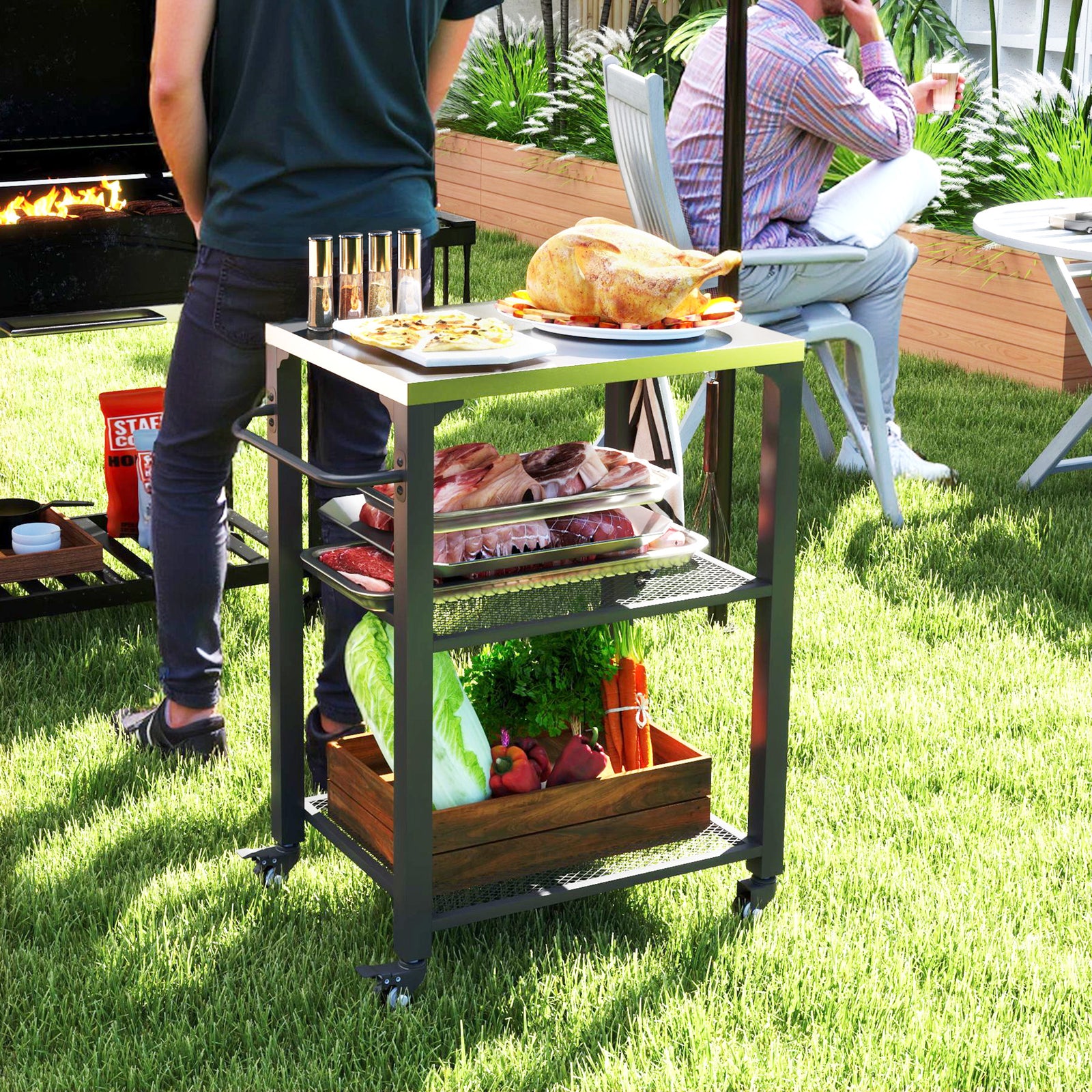 Three-Shelf Outdoor Grill Cart with Stainless Steel Top, Outdoor Kitchen Island with 4 Wheels, 3 Hooks, Movable Food Prep Pizza Oven Table for Kitchen, Patio, Garden, 65.5 x 41 x 79 cm