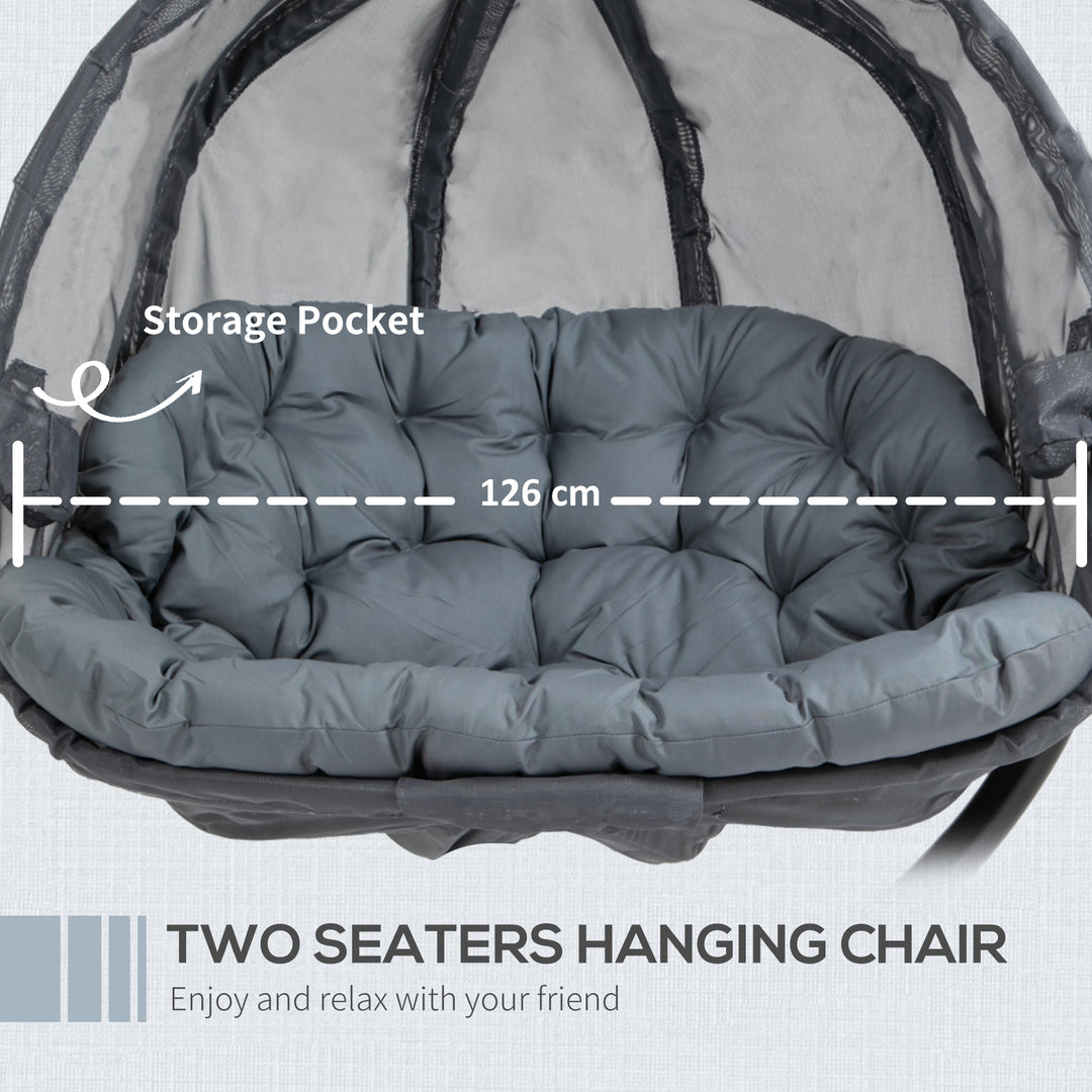 Double Hanging Egg Chair 2 Seaters Texteline Swing Hammock Chair with Stand, Cushion and Folding Design, for Indoor and Outdoor, Grey