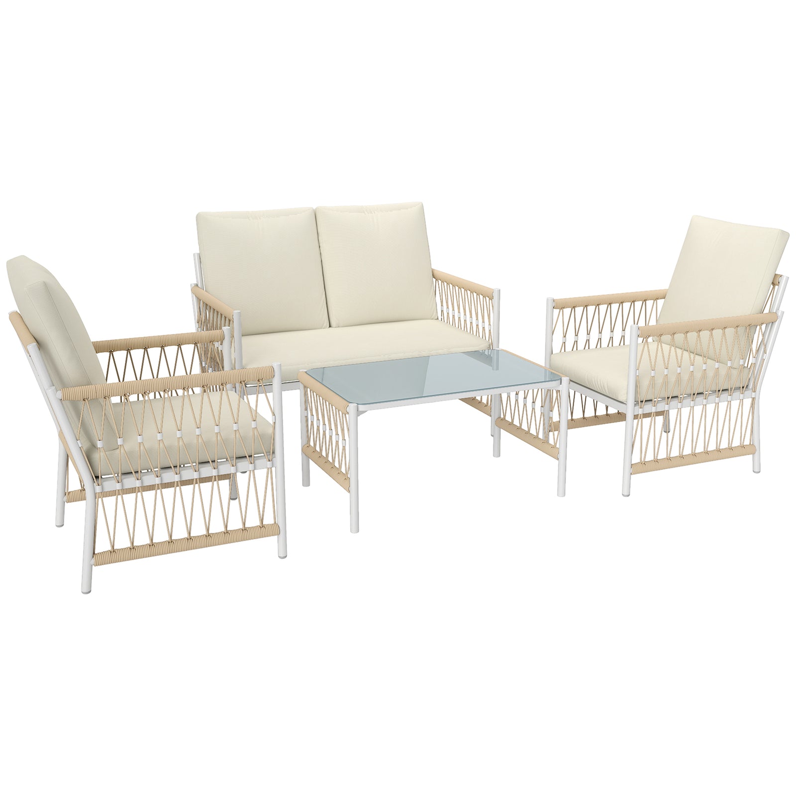 4 Piece Rattan Garden Furniture Set, 4 Seater Wicker Patio Conversation Set with 2 Armchairs, Loveseat, Glass Top Coffee Table and Cushions for Outdoor, Balcony, Khaki