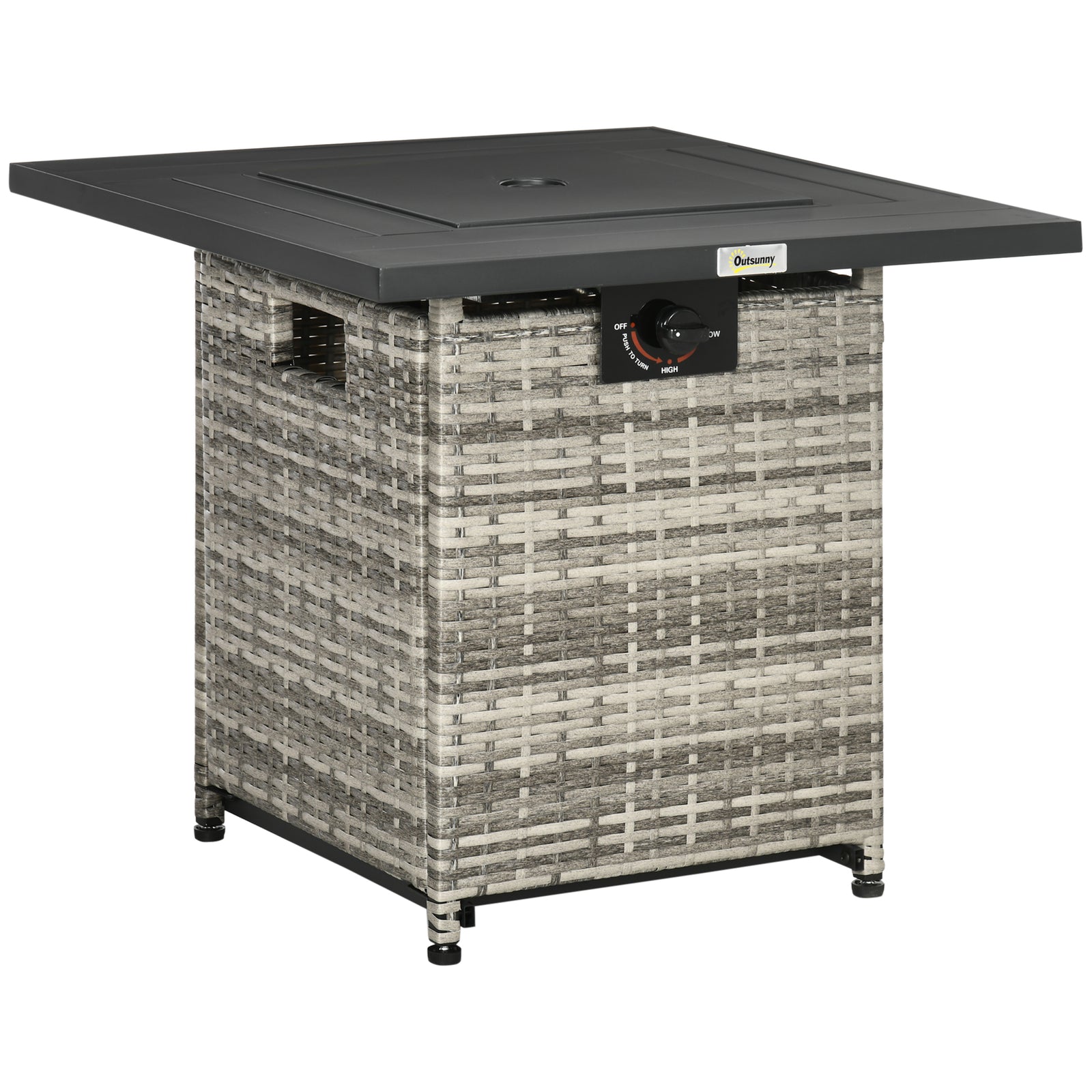 Outdoor PE Rattan Gas Fire Pit Table, Patio Square Propane Heater with Rain Cover, Mesh Lid and Lava Stone, 40,000 BTU, Mixed Grey