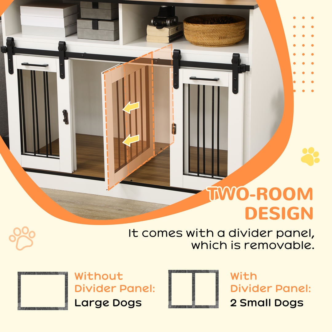 PawHut Dog Crate Furniture for Small & Large Dogs with Movable Divider, Dog Cage End Table with Shelves, Sliding Doors, 120 x 60 x 88.5 cm, White