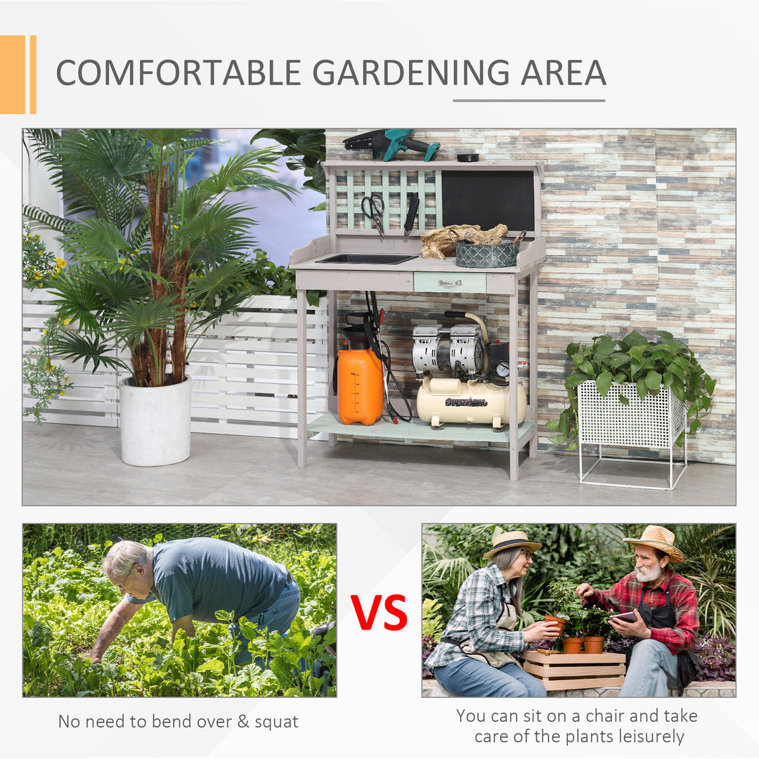 Garden Potting Table with Sink, Blackboard and Drawer, Wooden Planting Work Bench Workstation Outdoor Tool Storage Shelves
