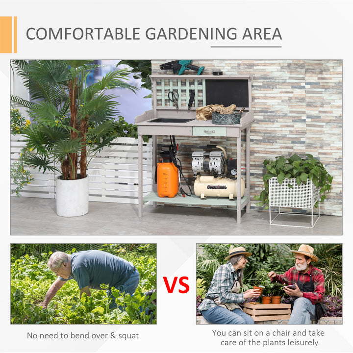 Garden Potting Table with Sink, Blackboard and Drawer, Wooden Planting Work Bench Workstation Outdoor Tool Storage Shelves
