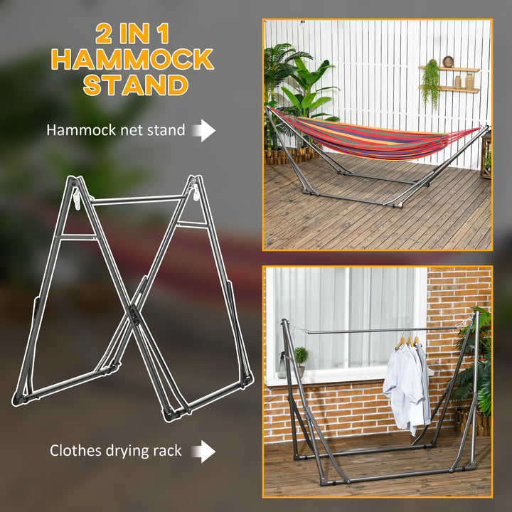 Foldable Hammock Stand, Portable Hammock with Metal Frame, 2 in 1 Hammock Net Stand, Clothes Drying Rack, Load Capacity 120kg, for Patio, Garden, Yard, Black