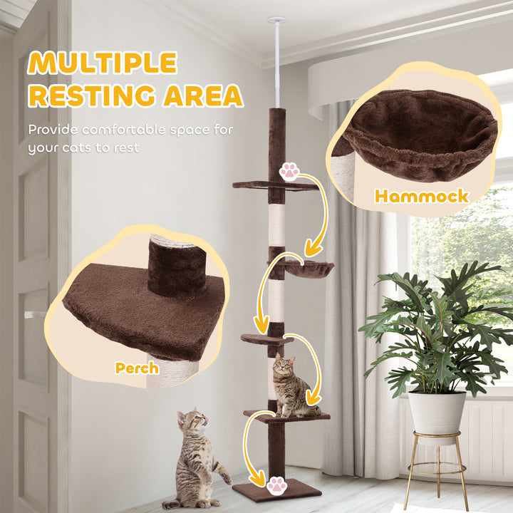 PawHut Cat Climbing Tree, 5-Tier Floor to Ceiling Adjustable Scratching Post Tower, Activity Centre, Brown, 230-260cm | Aosom UK