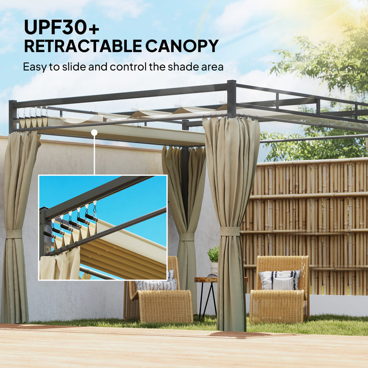 3 x 3 m Pergola with Retractable Roof Canopy and Curtains, UPF30+ Metal Frame Garden Pergola Gazebo Sun Shade
