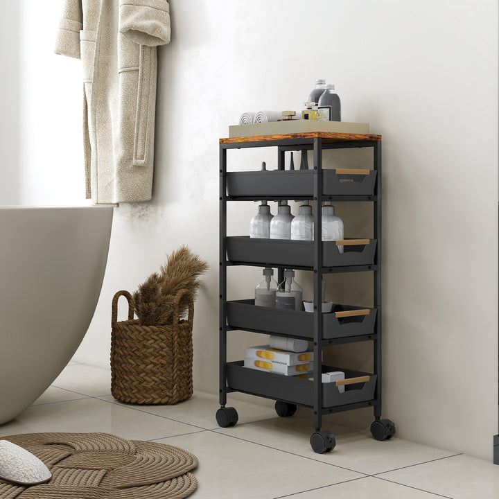 5-Tier Storage Trolley on Wheels - Black