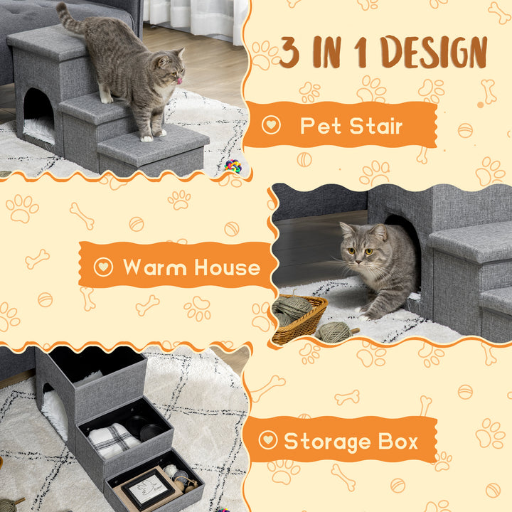 PawHut Dog Steps 3-step Pet Stairs with Kitten House and 2 Storage Boxes, 3 in 1 Dog Ramp for Sofa with Washable Plush Cushion | Aosom UK