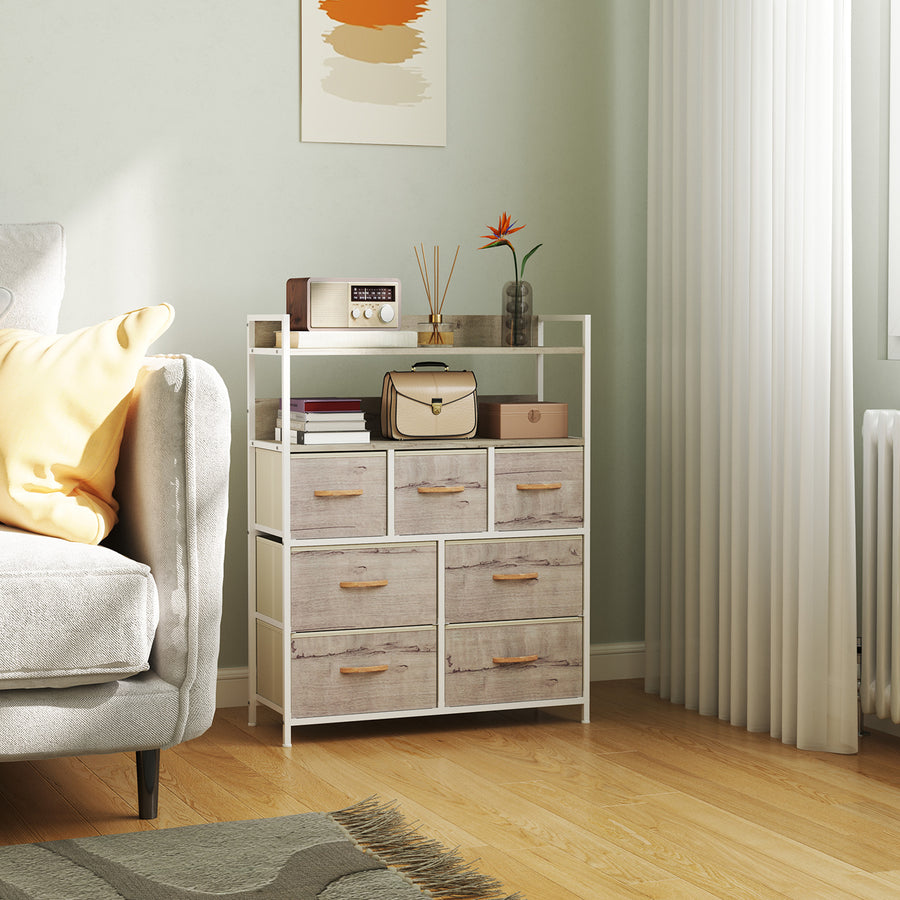 Rustic Chest of Seven Fabric Drawers - Natural Wood Finish
