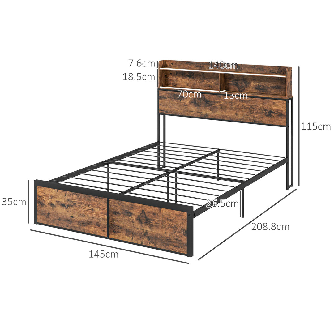 HOMCOM Industrial Double Bed Frame, 4.8FT Steel Bed Base w/ Storage Headboard, Footboard, Under Bed Storage, 145 x 209cm, Rustic Brown