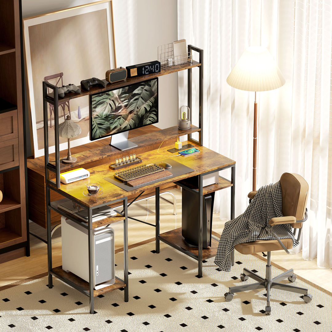 Computer Desk with Power Outlets and LED Lights, Home Office Desk with Monitor Stand, 2 CPU Stands and Storage Shelves, Study Table Gaming Desk with Hutch, Rustic Brown