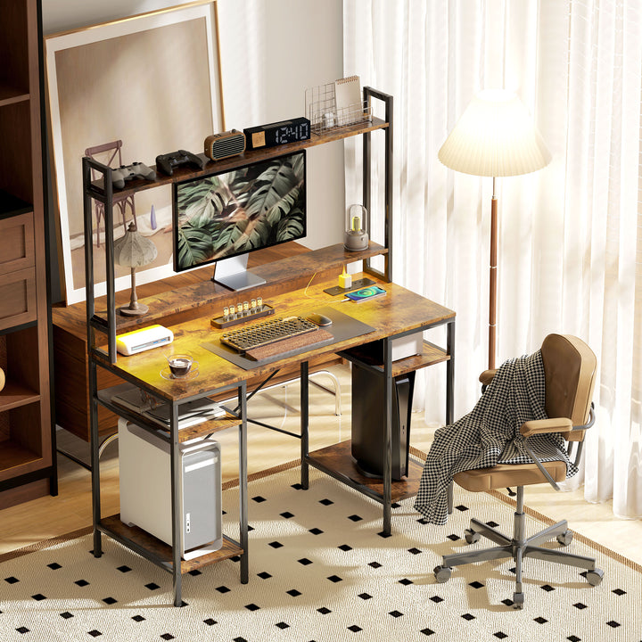 Computer Desk with Power Outlets and LED Lights, Home Office Desk with Monitor Stand, 2 CPU Stands and Storage Shelves, Study Table Gaming Desk with Hutch, Rustic Brown