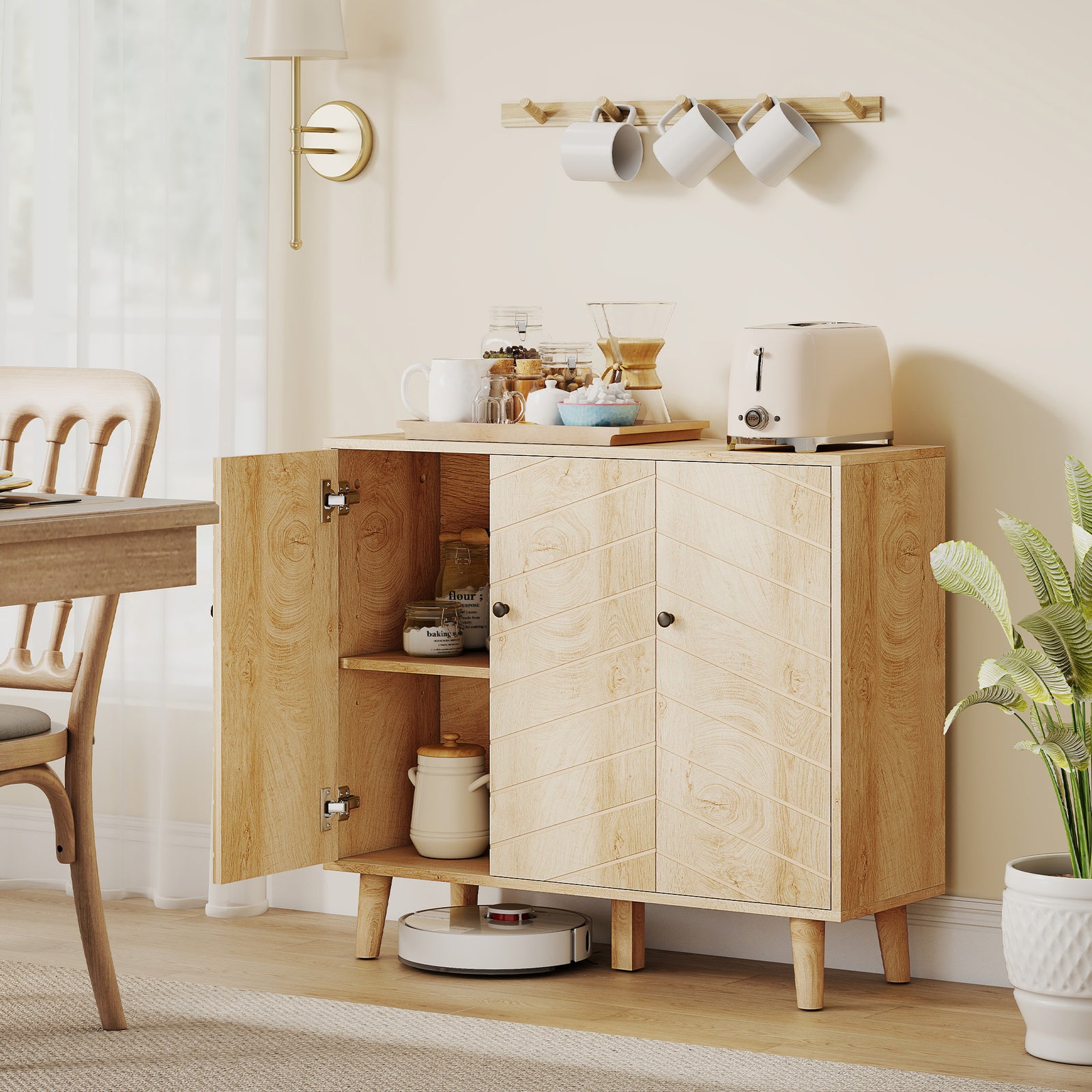 Vintage Sideboard with Chevron Doors and Pine Wood Legs for Living Roo