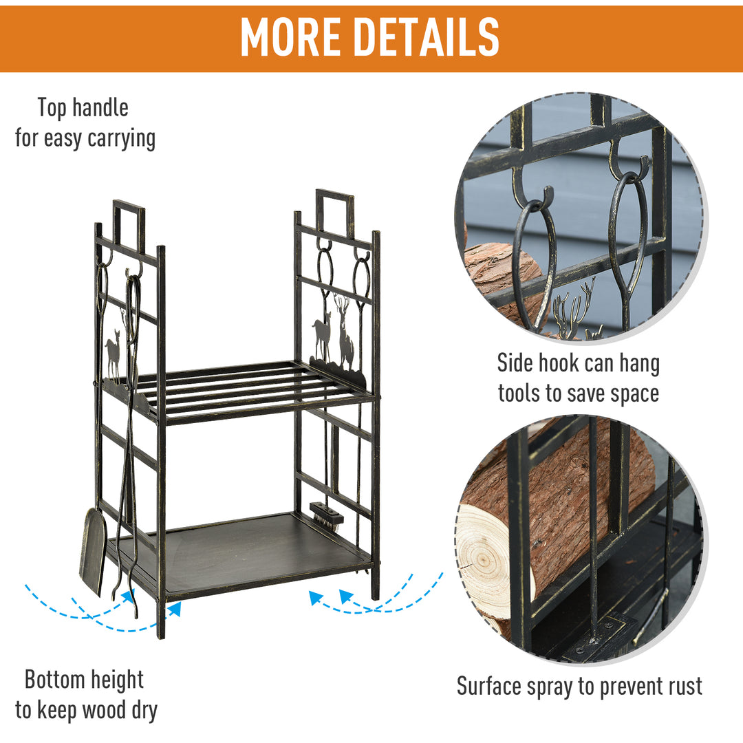 Metal Firewood Log Holder 2 Tier Firewood Rack Indoor Outdoor Fireplace Wood Storage Shelf with 4 Tools, Hooks, Elk Shape Design, Black Gold Tone, 51.5W x 33D x 77H cm