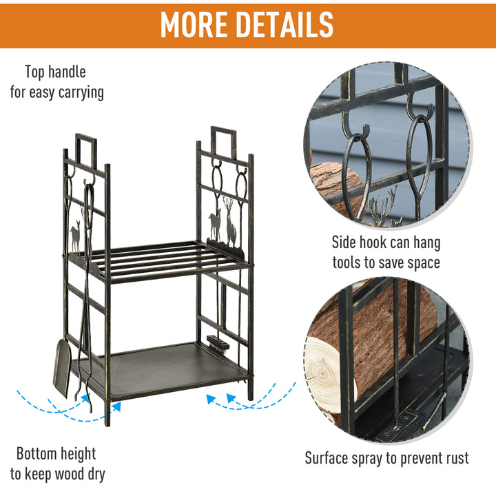 Metal Firewood Log Holder 2 Tier Firewood Rack Indoor Outdoor Fireplace Wood Storage Shelf with 4 Tools, Hooks, Elk Shape Design, Black Gold Tone, 51.5W x 33D x 77H cm