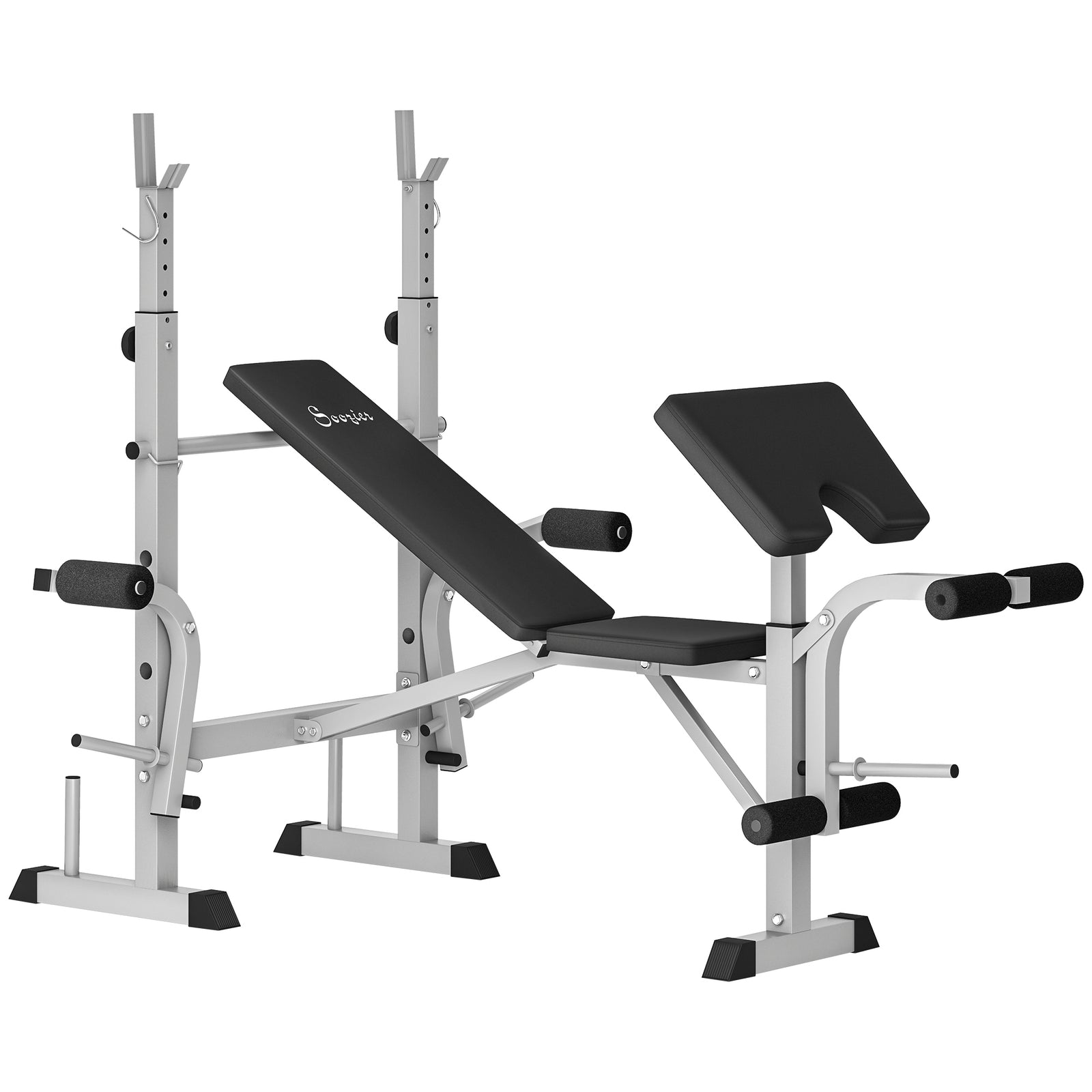 Adjustable Weight Bench with Squat Rack, Heavy Duty Bench Press Rack with Preacher Curl Pad, Leg Developer, Barbell Rack, Butterfly, Home Gym Strength Training Multiuse Workout Bench, Grey
