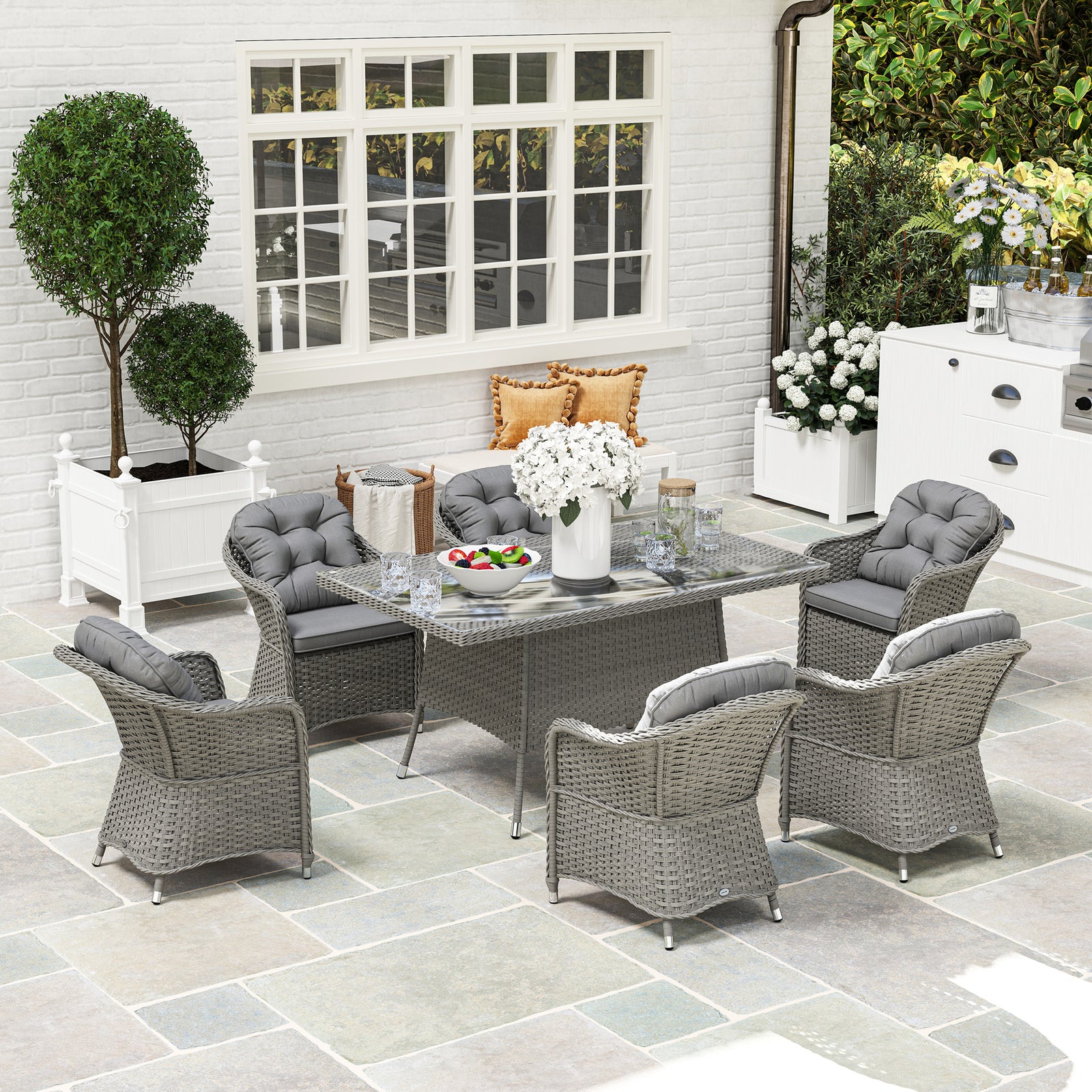 Seven-Piece Rattan Dining Set - Light Grey