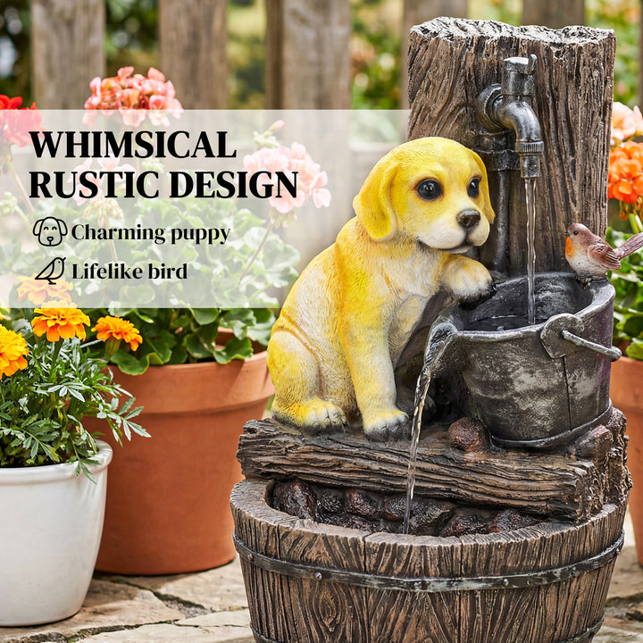 Garden Water Feature with 3-Tier Rustic Puppy Design, Freestanding Res