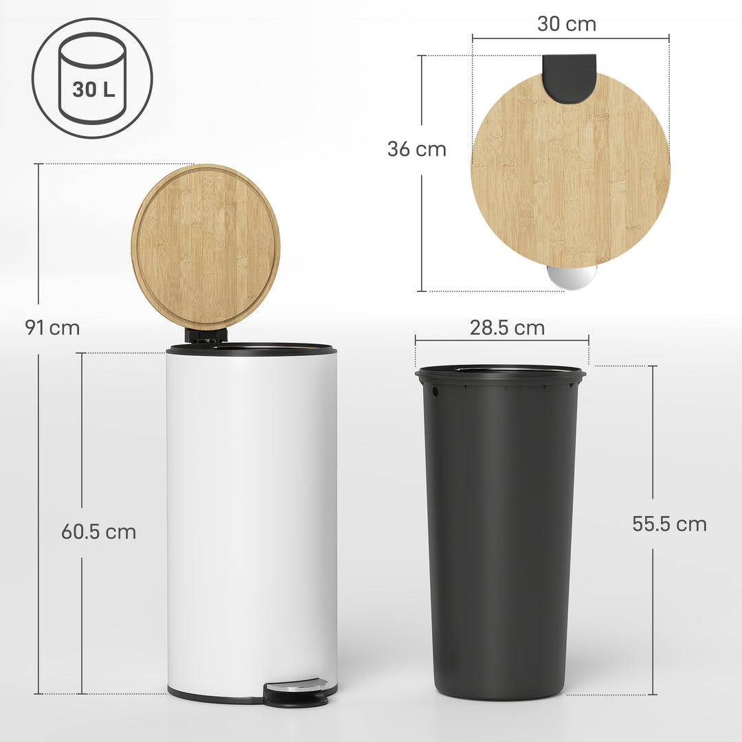 Kitchen Bin, 30 Litre Pedal Rubbish Bin with Removable Bucket, White a