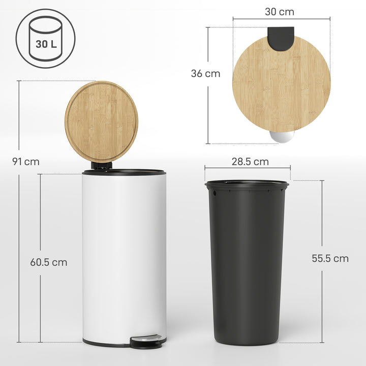 Kitchen Bin, 30 Litre Pedal Rubbish Bin with Removable Bucket, White a