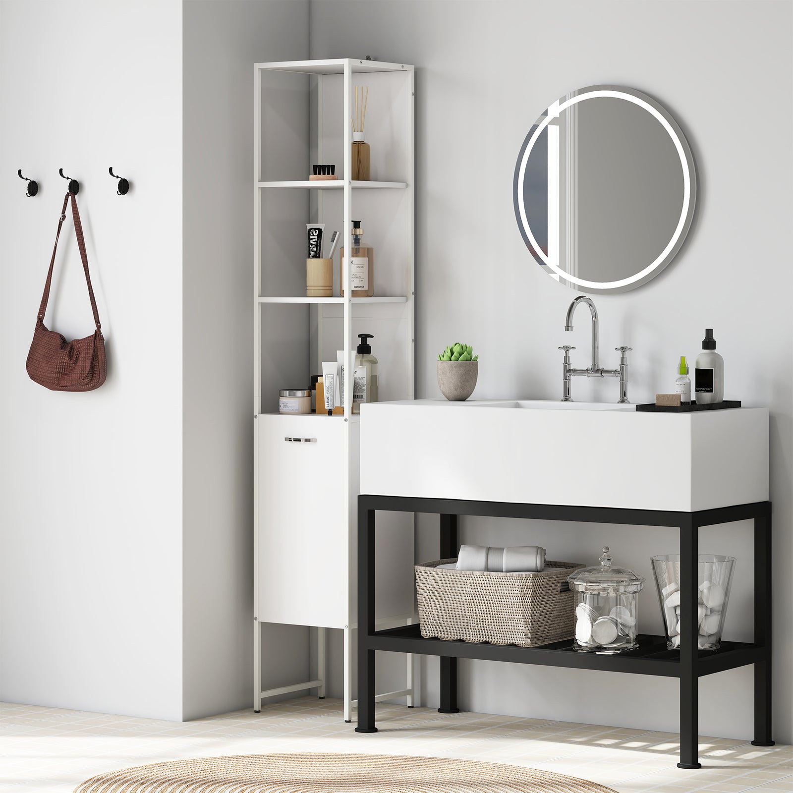 Tall Bathroom Cabinet with Open Shelves and Adjustable Shelf - White