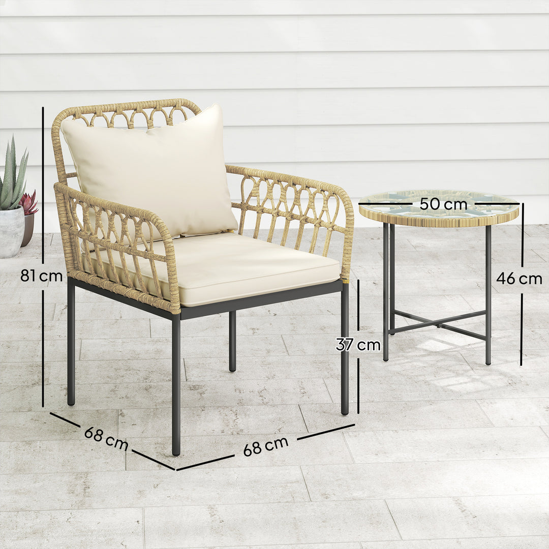 3 Piece Rattan Bistro Set, Wicker Garden Furniture Set with Cushions, Glass Top Coffee Table and Chairs for Outdoor, Patio, Balcony, Beige