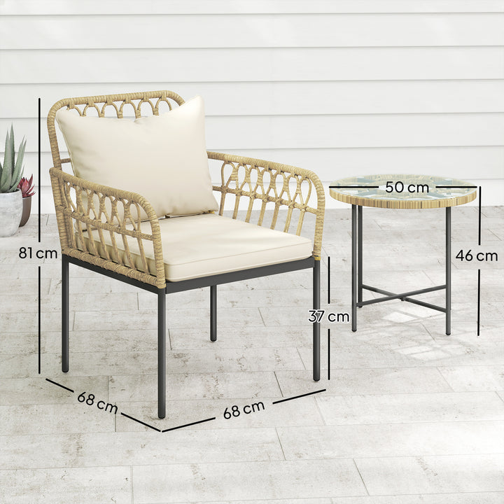 3 Piece Rattan Bistro Set, Wicker Garden Furniture Set with Cushions, Glass Top Coffee Table and Chairs for Outdoor, Patio, Balcony, Beige