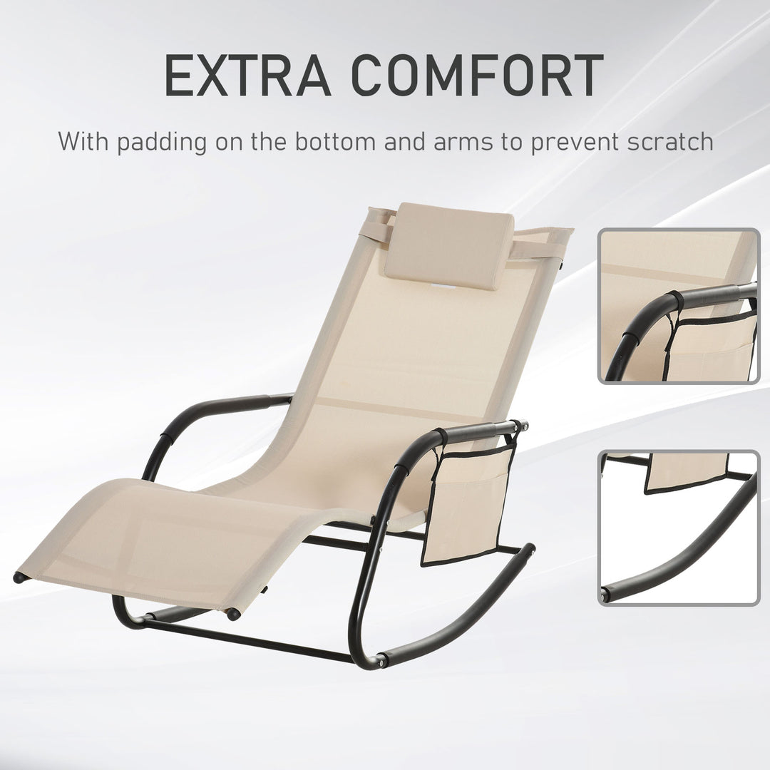 2PCs Outdoor Garden Rocking Chair, Patio Sun Lounger Rocker Chair with Breathable Mesh Fabric, Removable Headrest Pillow, Armrest, Side Storage Bag, Cream White