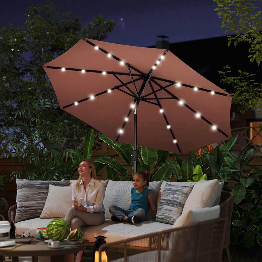 Φ2.7m Garden 24 LED Light Parasol Solar Outdoor Tilt Sun Umbrella Patio Club Party Event Manual Sun Shade w/ Hand Crank and 8 Ribs, Brown