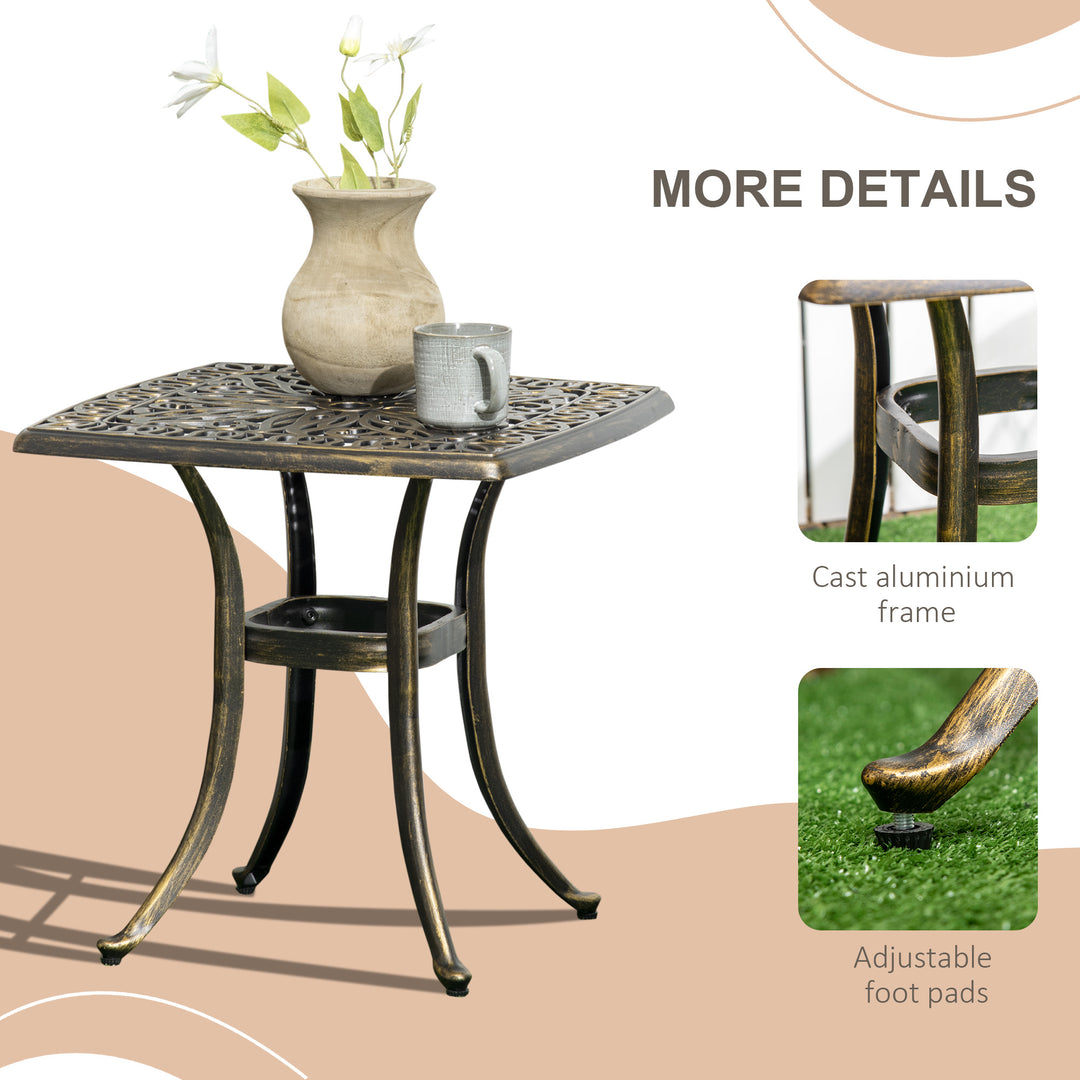 Outdoor Patio Side Table with 38mm Dia. Umbrella Hole, Cast Aluminium Patio coffee Table, 54 x 54cm, Bronze Tone