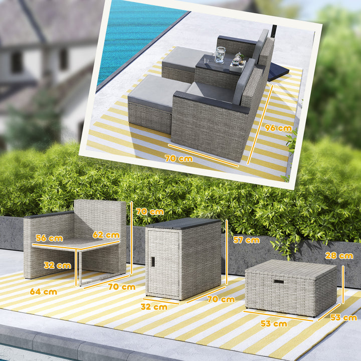 5 Piece Rattan Garden Furniture Set, Nesting Outdoor Furniture Conversation Set with 2 Footstools, WPC Storage Coffee Table and Cushions, Wicker Garden Sofa for Conservatory, Terrace, Grey