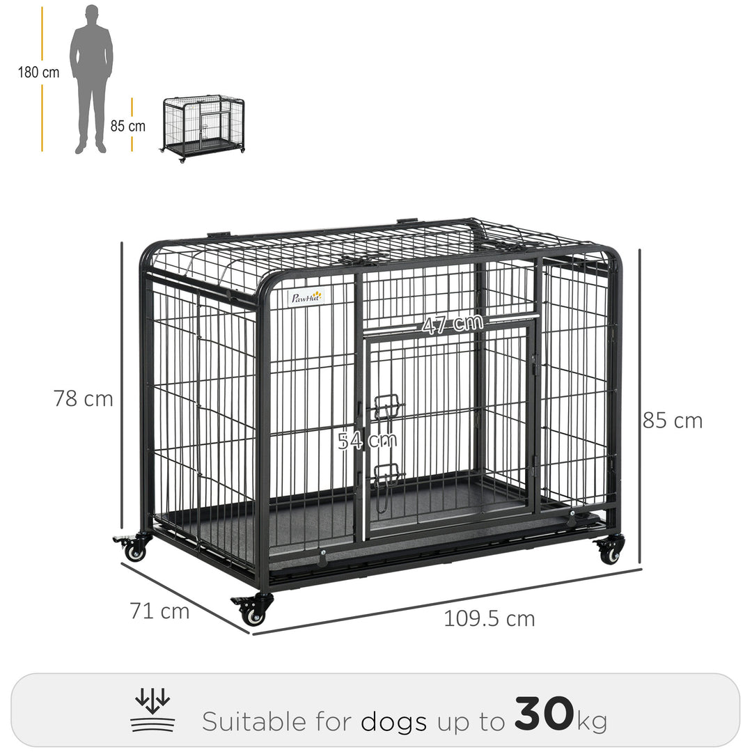 PawHut Heavy Duty Dog Crates Foldable Indoor Dog Kennel & Dog Cage Pet Playpen w/ Double Doors Removable Tray Lockable Wheels Openable Top | Aosom UK