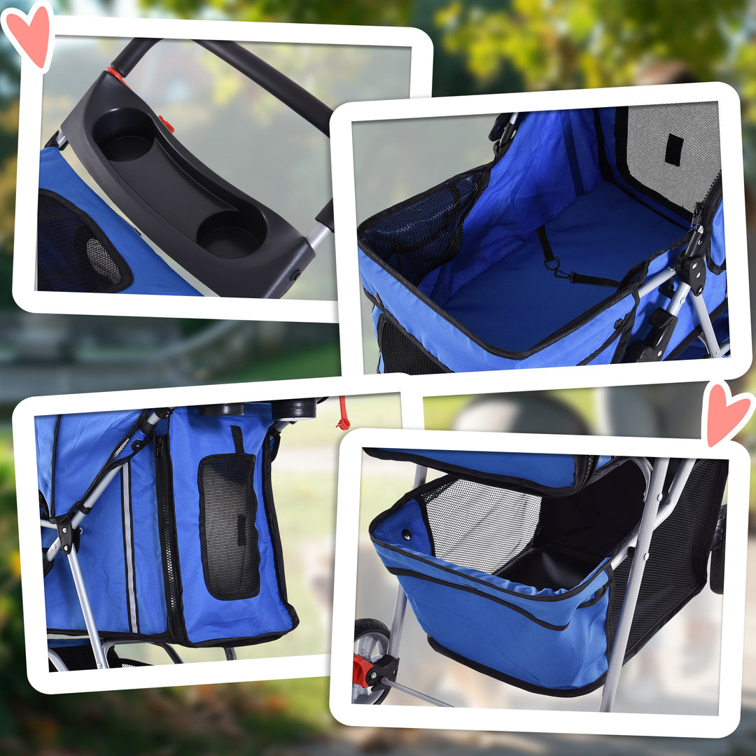 PawHut Dog Pram Cat Stroller Dog Stroller with Cup Holder, Bottom Storage Pocket & Zipper to Keep Your Pet Securely Strapped in, Blue | Aosom UK