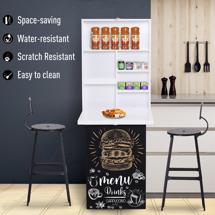 Folding Wall-Mounted Drop-Leaf Table, Convertible Wall Table With Chalkboard and Storage Shelf, Multifunctional Floating Desk for Home Office, White