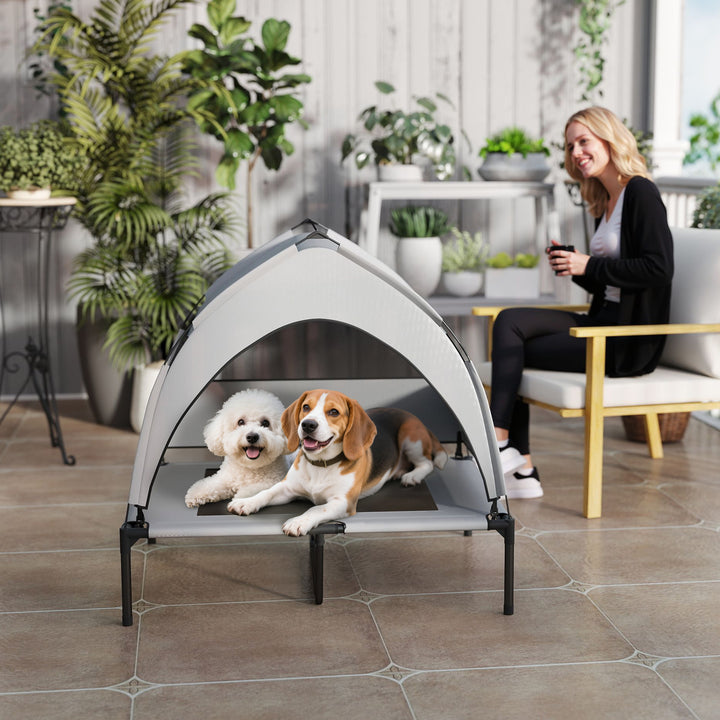 Portable Elevated Dog Bed with Removable Canopy, Cooling Raised Pet Cot for Medium Large Dogs, 92 x 75 x 89 cm