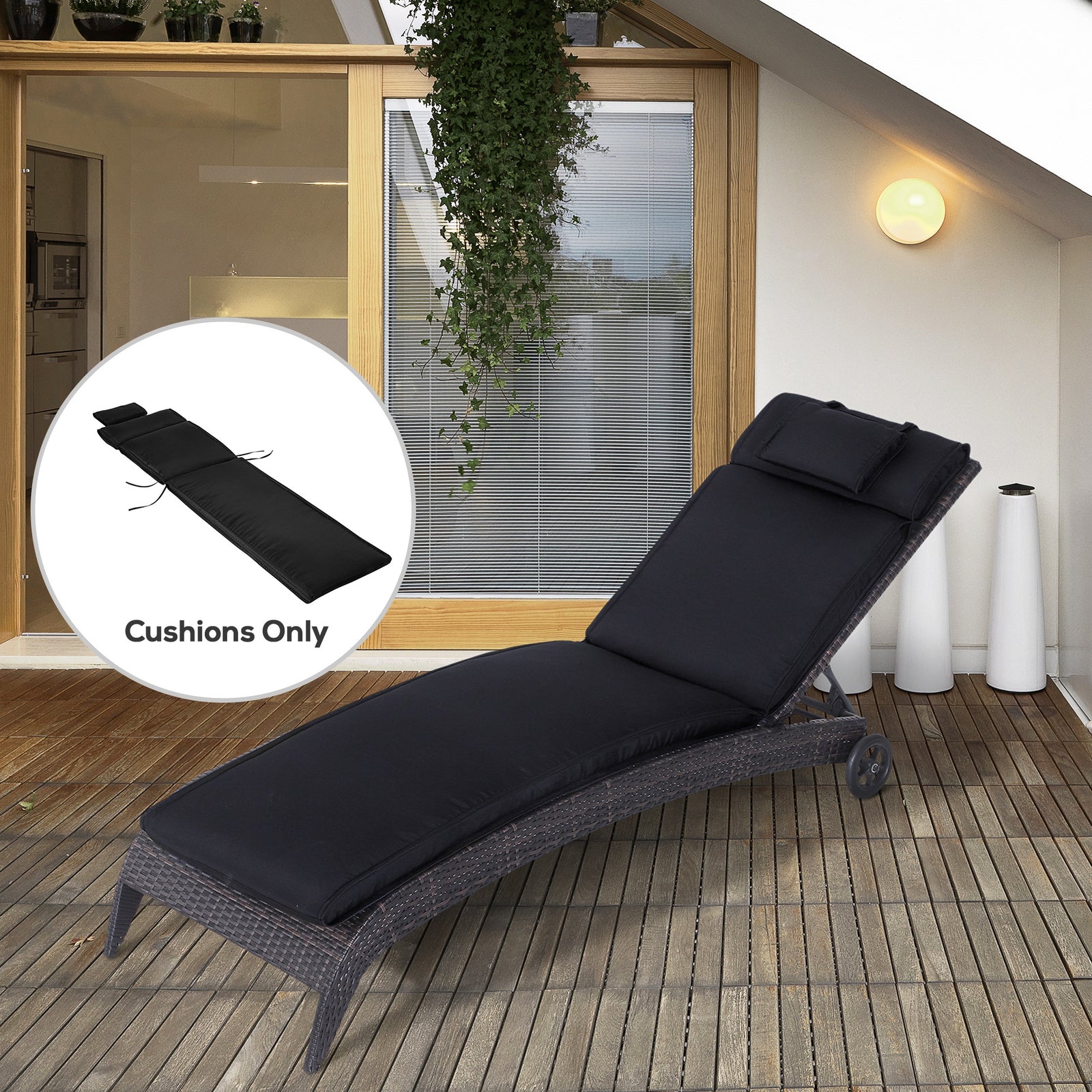 Garden Sun Lounger Cushion Replacement Thick Sunbed Reclining Chair Relaxer Pad with Pillow - Black
