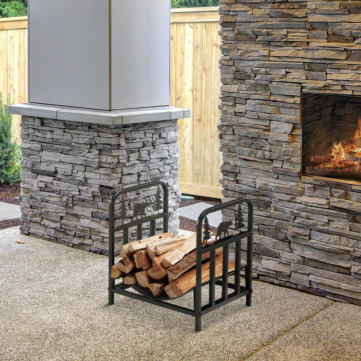 Metal Firewood Log Holder Indoor Outdoor Firewood Rack Inner Arced Fireplace Wood Storage Shelf w/ Bear Shape Design, Rust-Resistant, Black, 42W x 33.5D x 43H cm