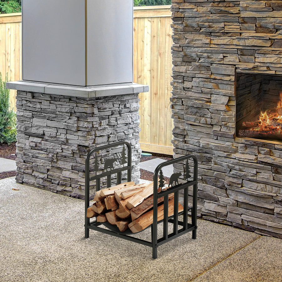 Metal Firewood Log Holder Indoor Outdoor Firewood Rack Inner Arced Fireplace Wood Storage Shelf w/ Bear Shape Design, Rust-Resistant, Black, 42W x 33.5D x 43H cm