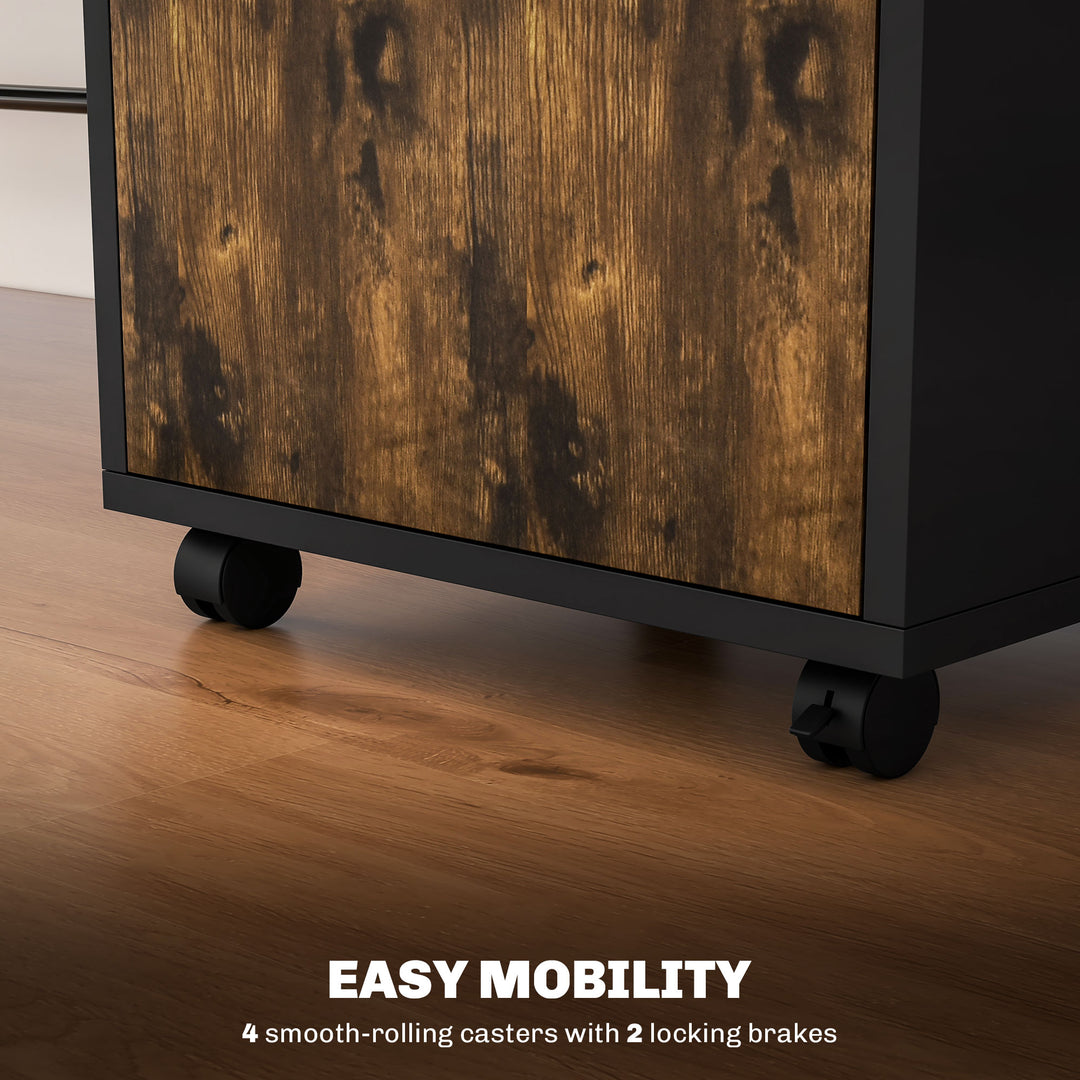 60cm Filing Cabinet with Drawer, Open Shelf, Metal Handles and 4 Wheels, Office Home Organiser Mobile Printer, Rustic Brown