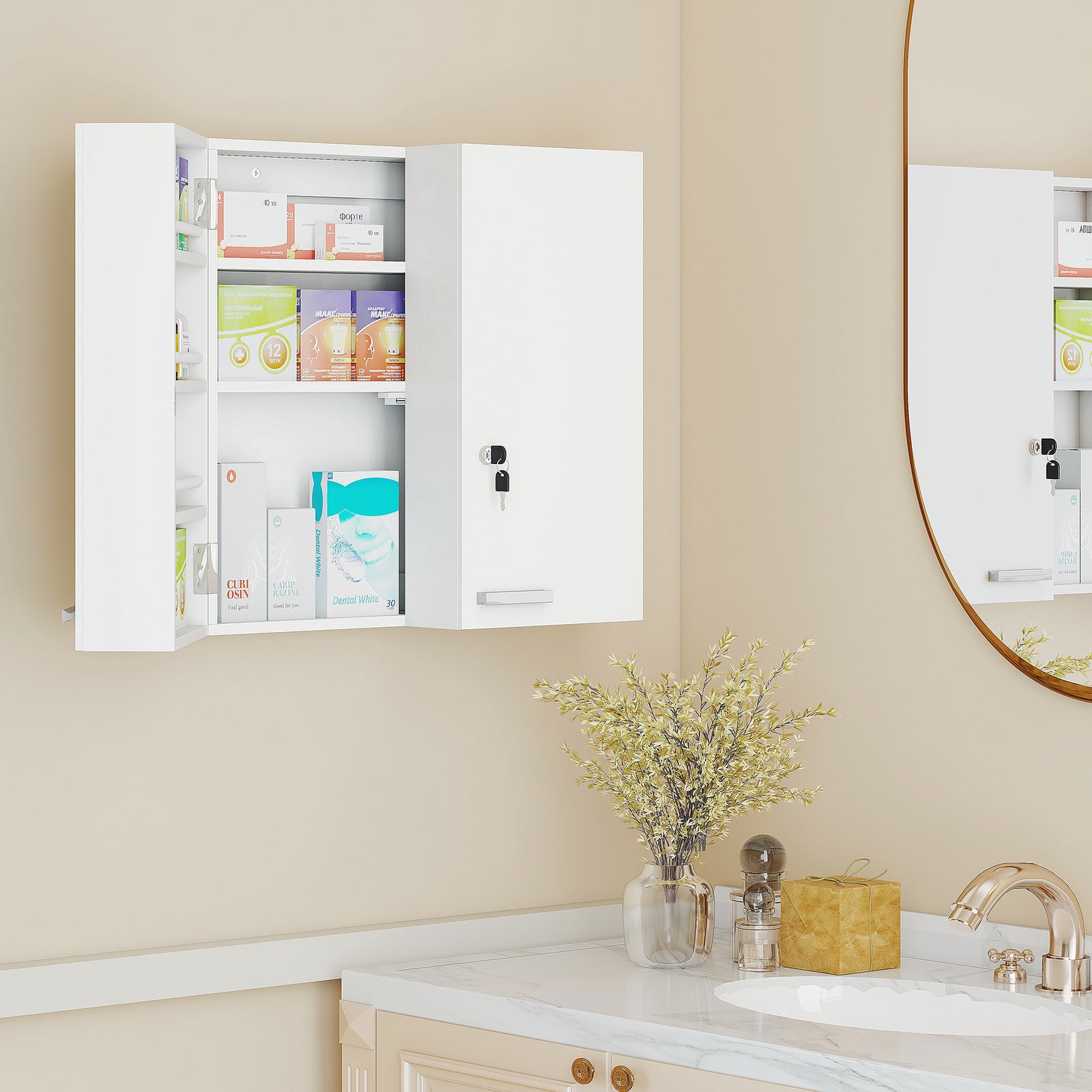 Wall Mount Medicine Cabinet with Key Lock, 3 Tier First Aid Cabinet wi