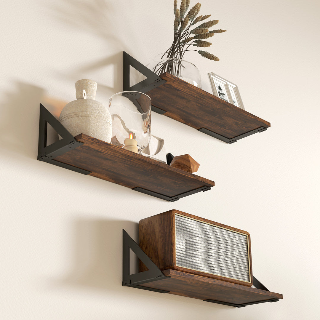 Set of 3 Wall Shelves, 43cm Vintage Wall Mounted Floating Shelves for Living Room, Entryway, Bedroom, Rustic Brown