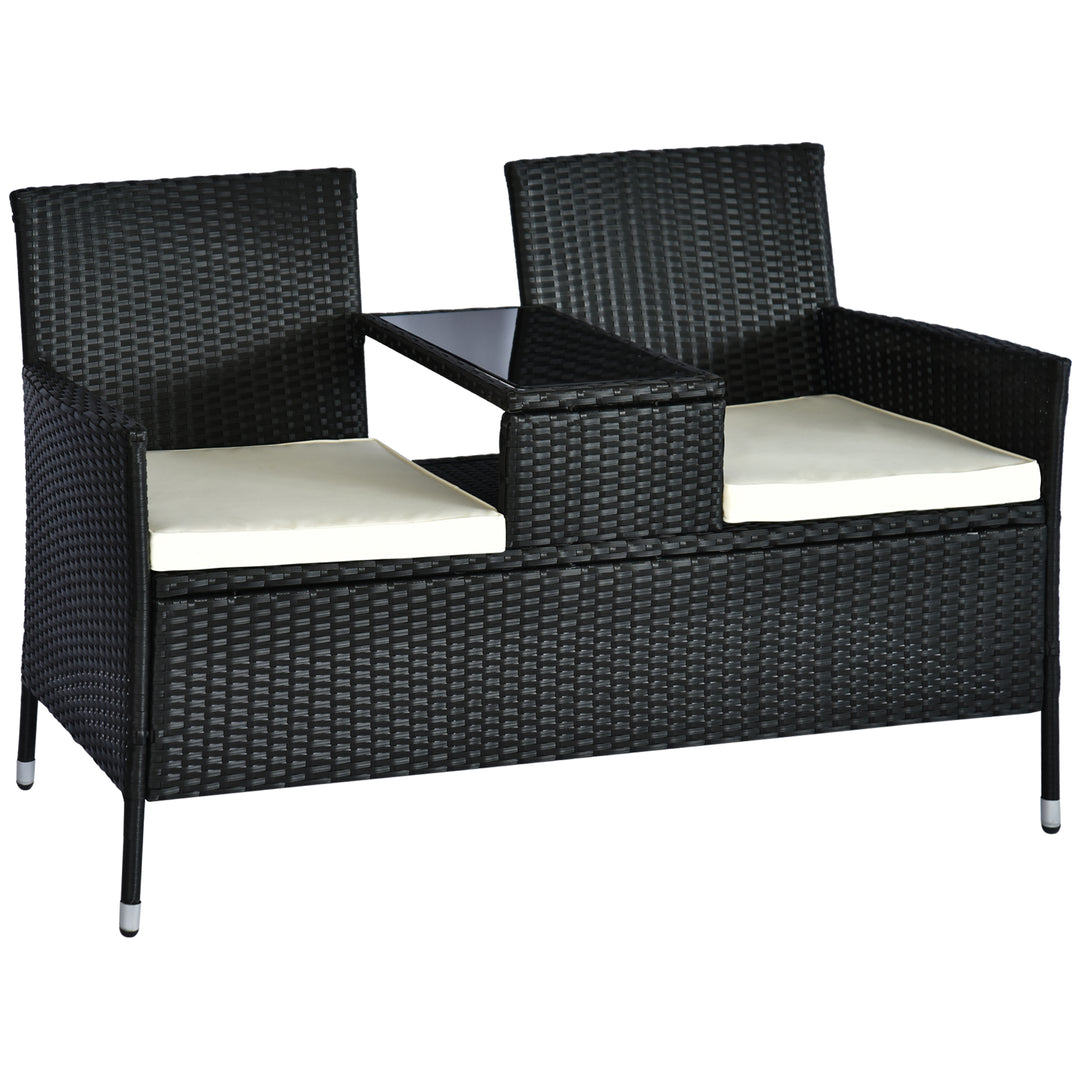 MCL 2 Seater Rattan Campanion Chair Wicker Loveseat Outdoor Patio Armchair with Drink Table Garden Furniture - Black