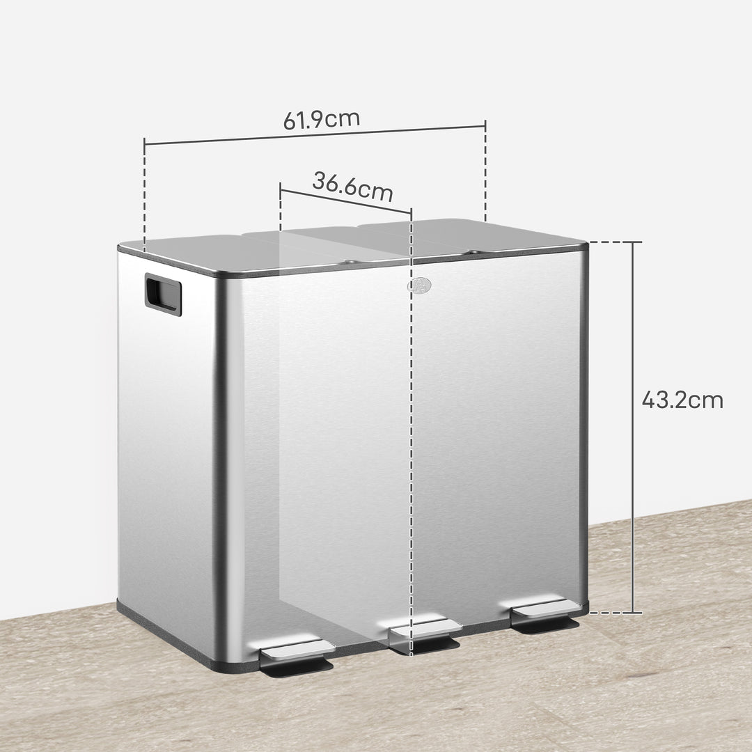 3 x 15L Pedal Bin, Steel Triple Kitchen Bin with Soft Close Lid, Removable Inner Buckets, Fingerprint-Proof, Silver Tone