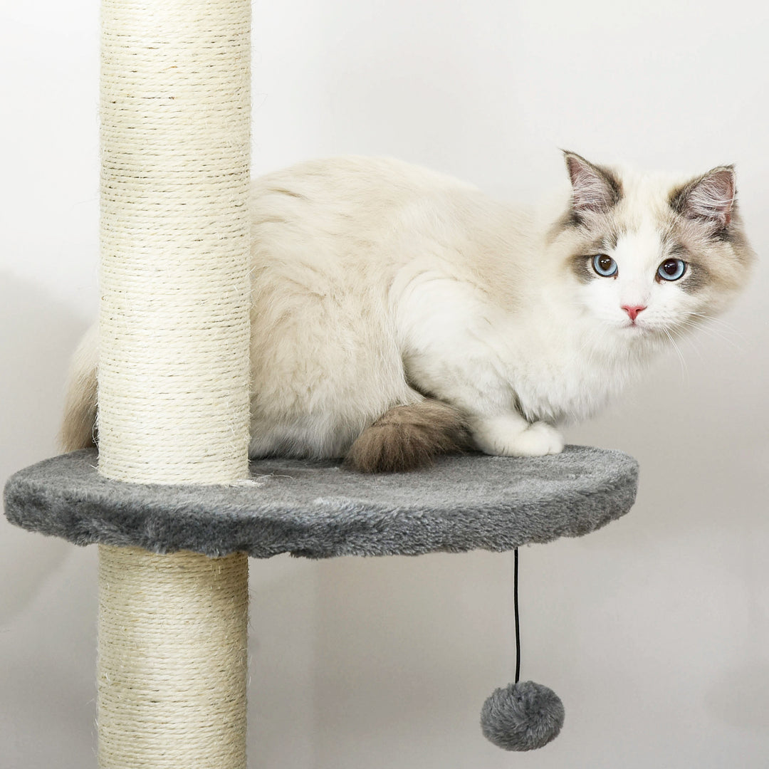 MCL Floor to Ceiling Cat Tree for Indoor Cats, Kitten Tower, Condo, Multi-Layer Activity Center, Indoor Pet Play House with Solid Scratching Post Hanging Balls, Light Grey