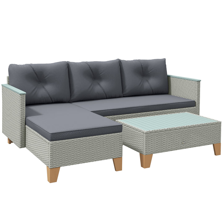 3 Pieces Rattan Garden Furniture Set, L Shaped Garden Conversation Chaise Lounge Furniture with Wood Top Coffee Table and Thick Cushions, Charcoal Grey