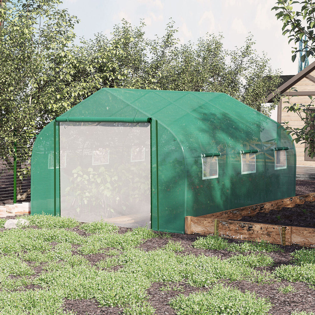 MCL Walk-in Polytunnel Garden Greenhouse, Outdoor Mesh Door Greenhouse with PE Cover and 6 Windows, 3.5 x 3 x 2m, Green