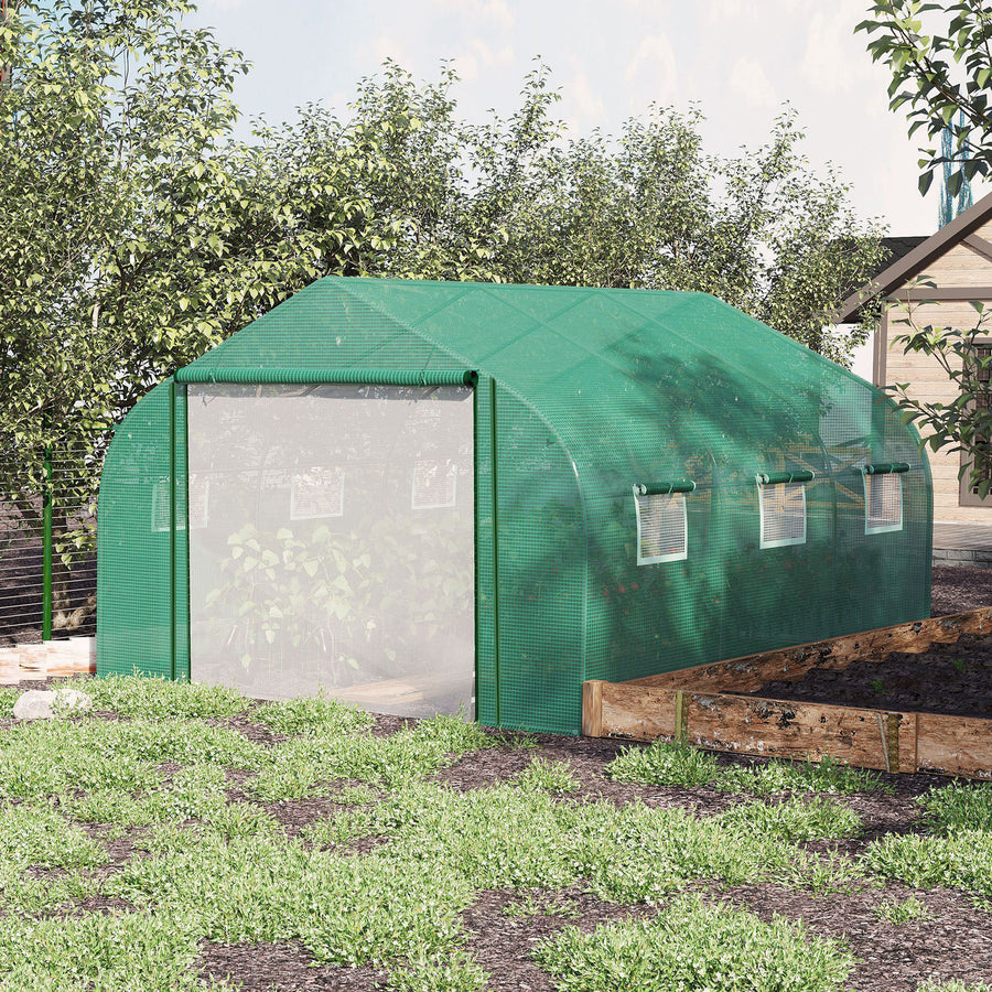 Walk-in Polytunnel Garden Greenhouse, Outdoor Mesh Door Greenhouse with PE Cover and 6 Windows, 3.5 x 3 x 2m, Green