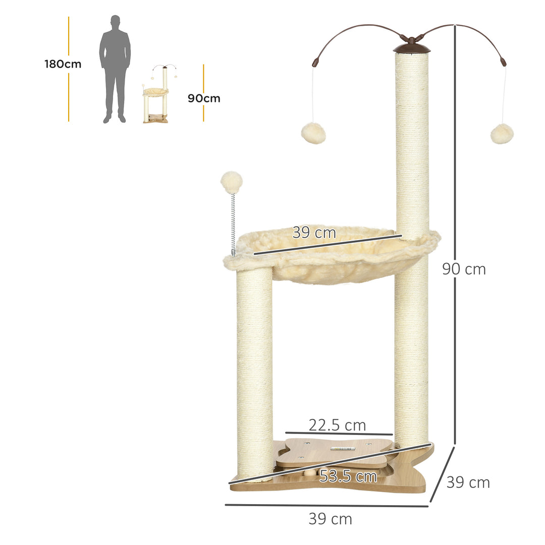 PawHut Cat Tree Indoor Kitten Play Tower, Sisal Scratching Posts with Hammock & Ball Toy, 53.5x53.5x90 cm, Beige | Aosom UK