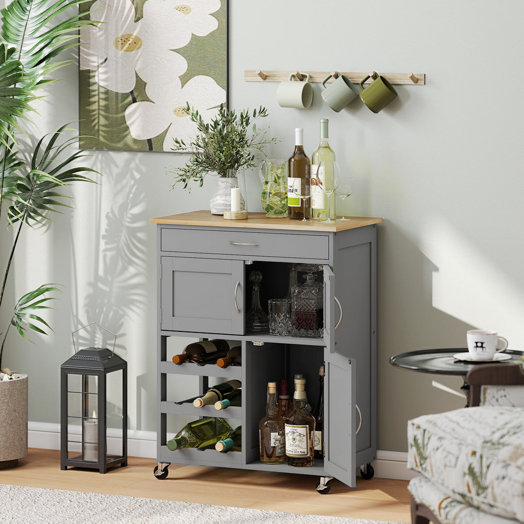 MCL Modern Kitchen Trolley, Rolling Island Storage Cart with Drawer, 9-bottle Wine Rack, Door Cabinets, Wooden Countertop, Grey